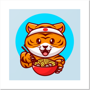 Cute Tiger Eating Ramen Noodle With Copstick Cartoon Posters and Art